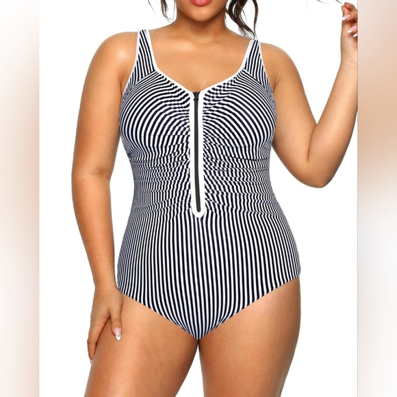 14W Black White Striped One Piece Zipper Swimsuit Plus Size Ruched Tummy - Picture 1 of 2